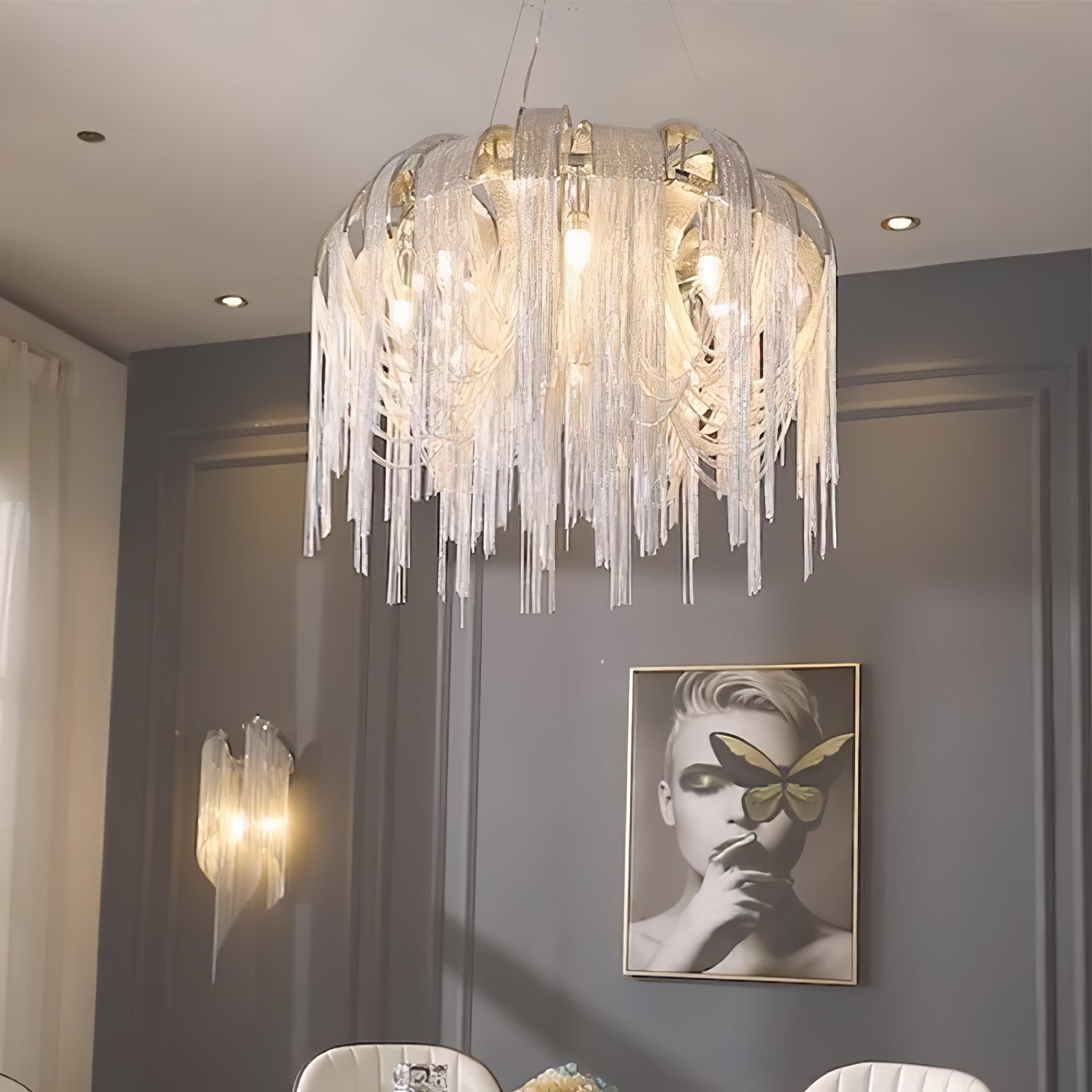 Modern Draped Metal Chain Chandelier LED Gasolier Lighting in Rose Gold and Chrome