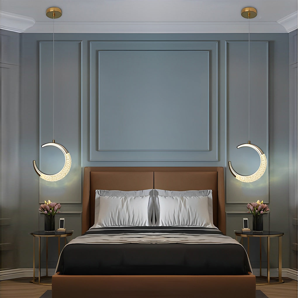 Modern Electroplated Crescent Moon LED Pendant Light Fixture for Living Room