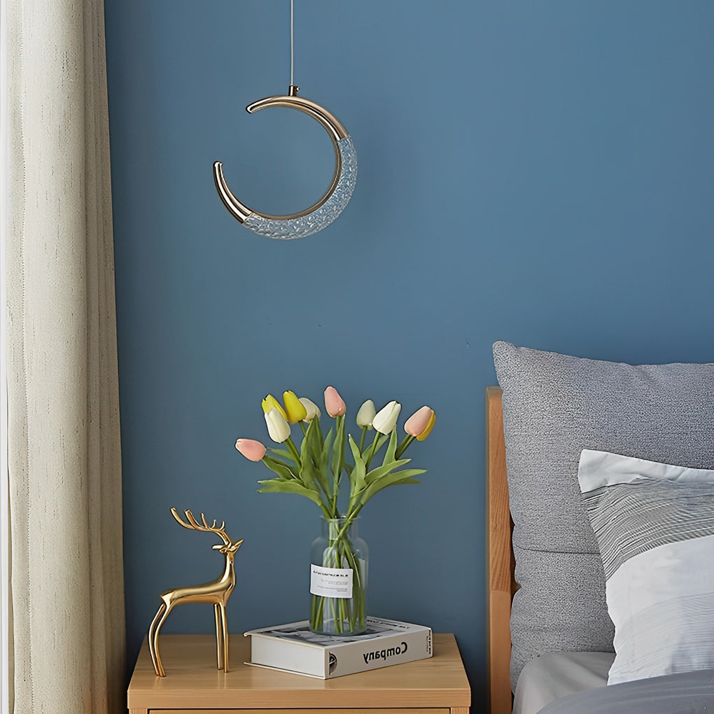 Modern Electroplated Crescent Moon LED Pendant Light Fixture for Living Room
