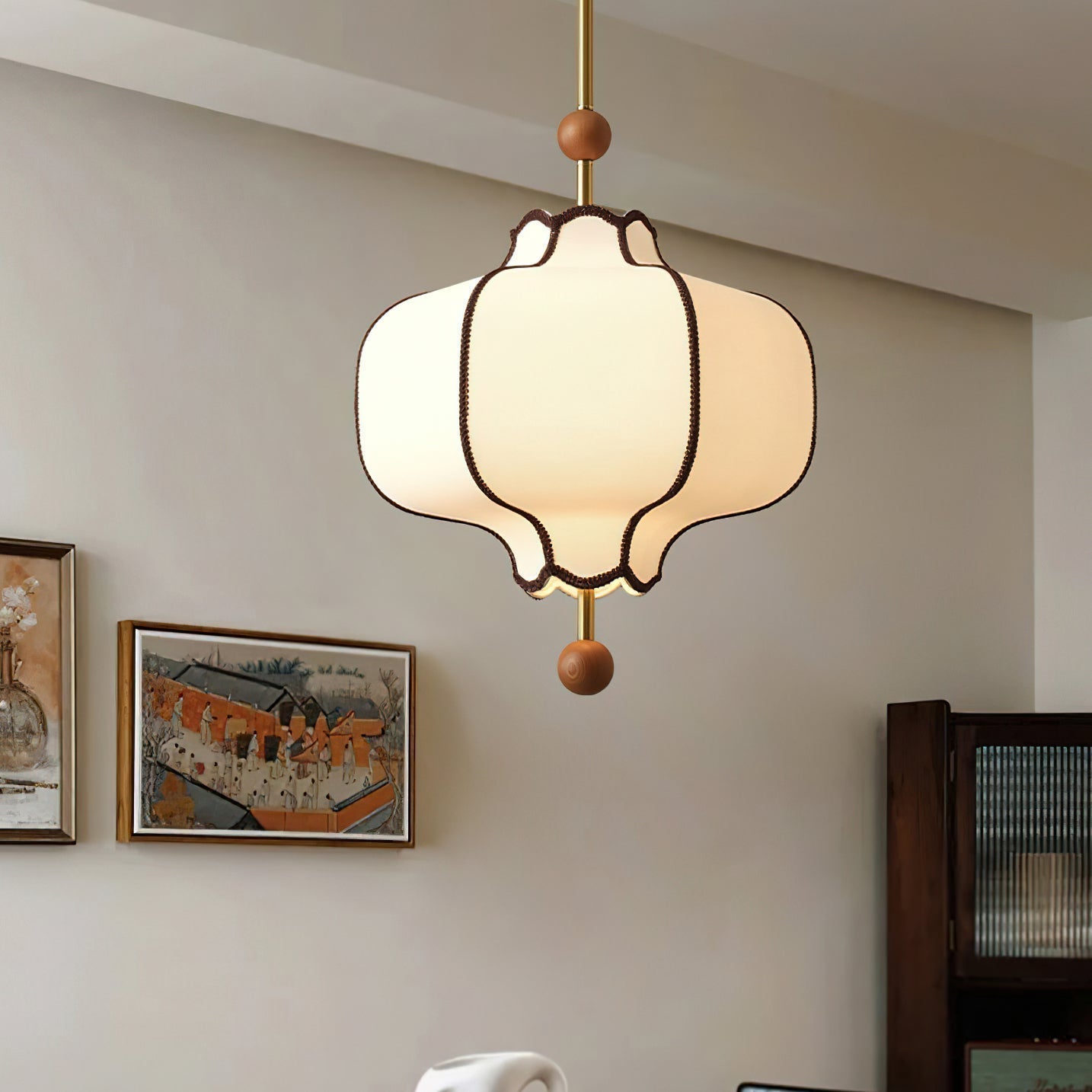 Modern Fabric Lantern Houselight Pendant Lamp with Walnut Wood Trim and White Shade