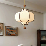 Modern Fabric Lantern Houselight Pendant Lamp with Walnut Wood Trim and White Shade
