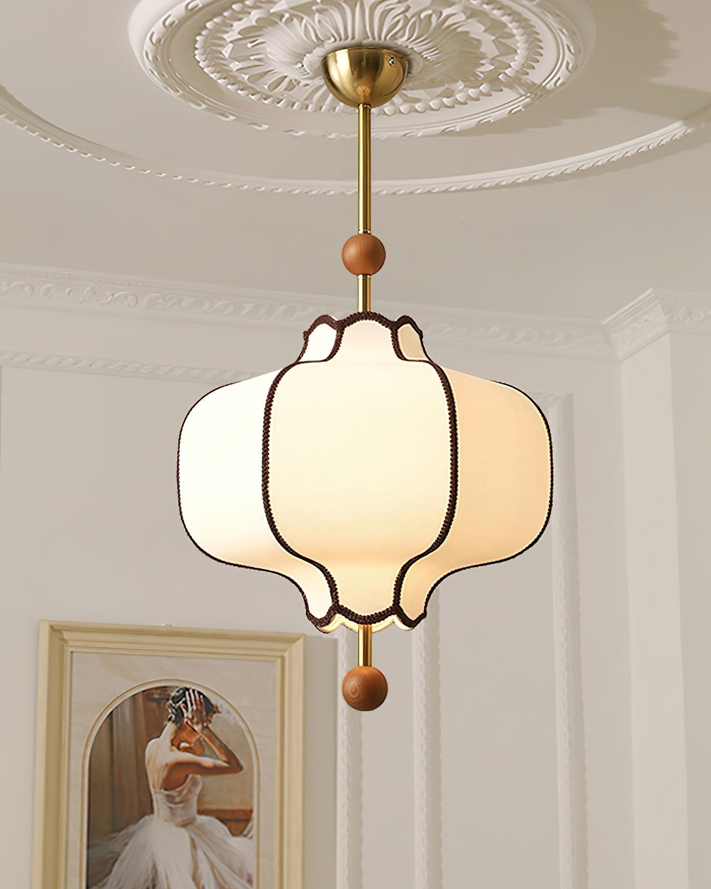 Modern Fabric Lantern Houselight Pendant Lamp with Walnut Wood Trim and White Shade