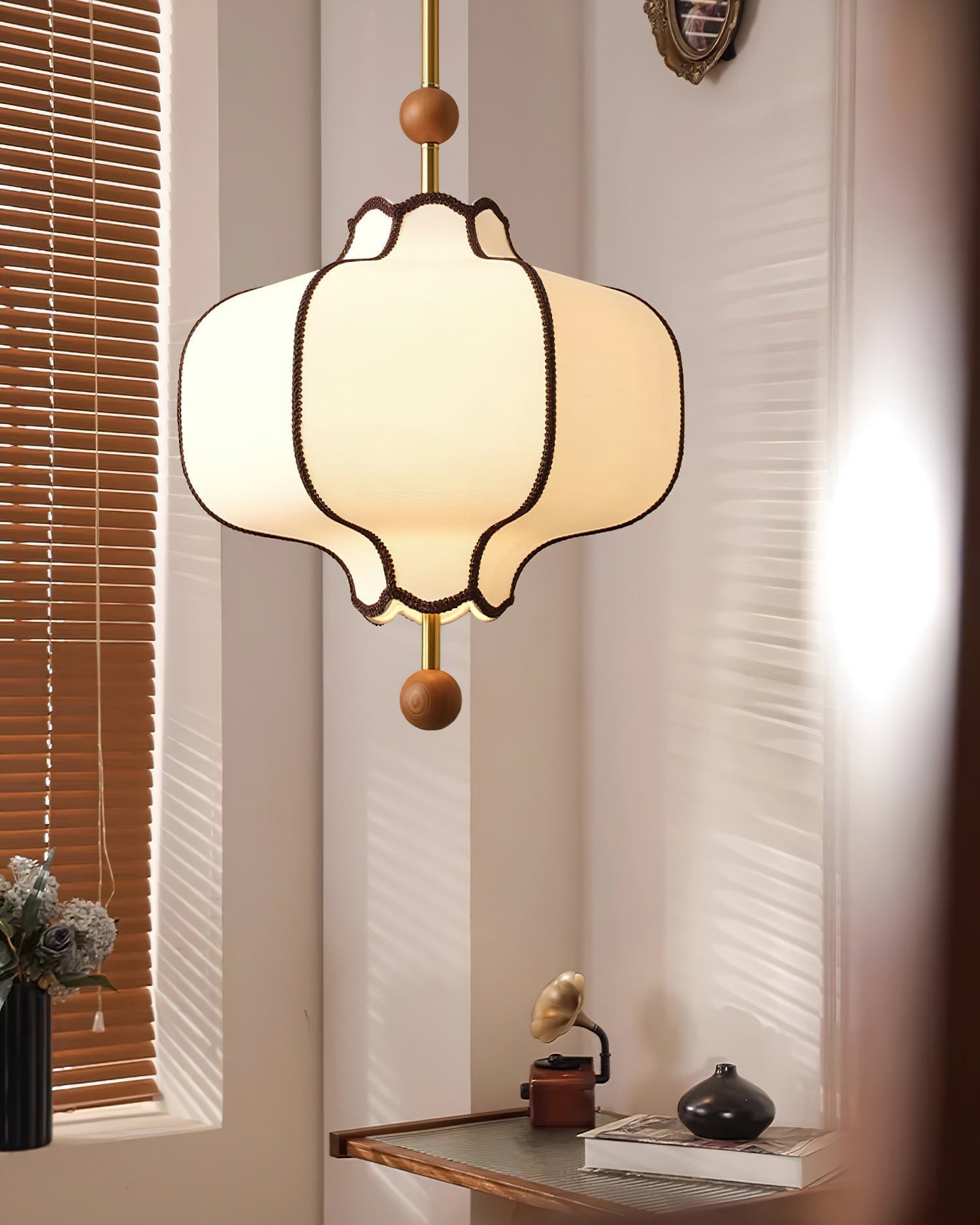 Modern Fabric Lantern Houselight Pendant Lamp with Walnut Wood Trim and White Shade