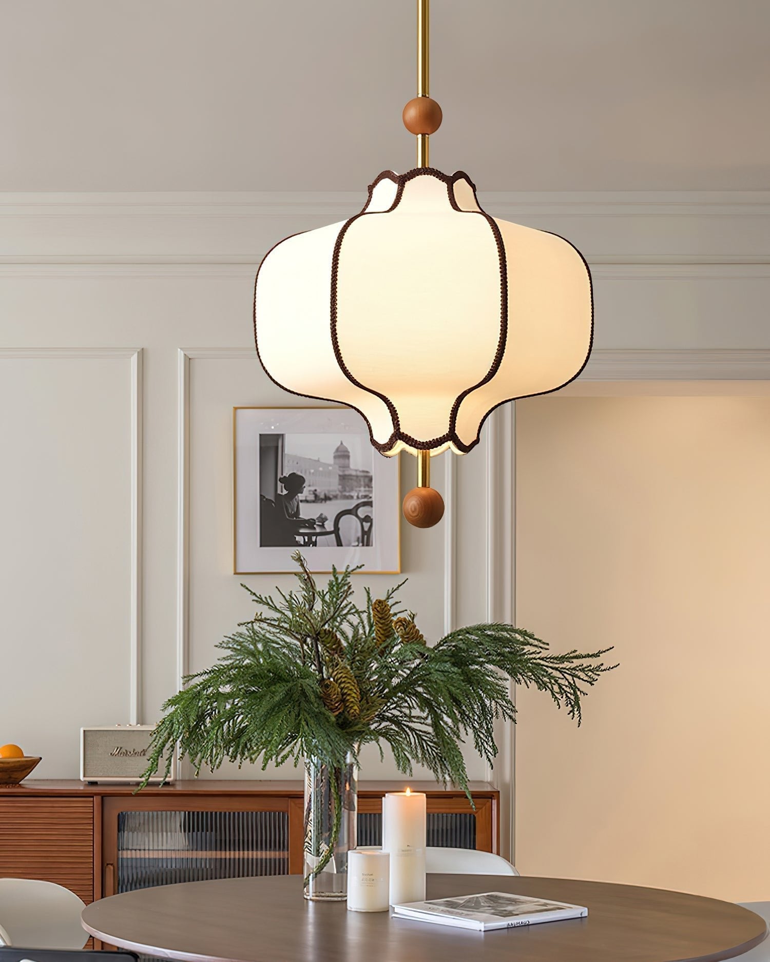 Modern Fabric Lantern Houselight Pendant Lamp with Walnut Wood Trim and White Shade