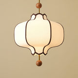 Modern Fabric Lantern Houselight Pendant Lamp with Walnut Wood Trim and White Shade