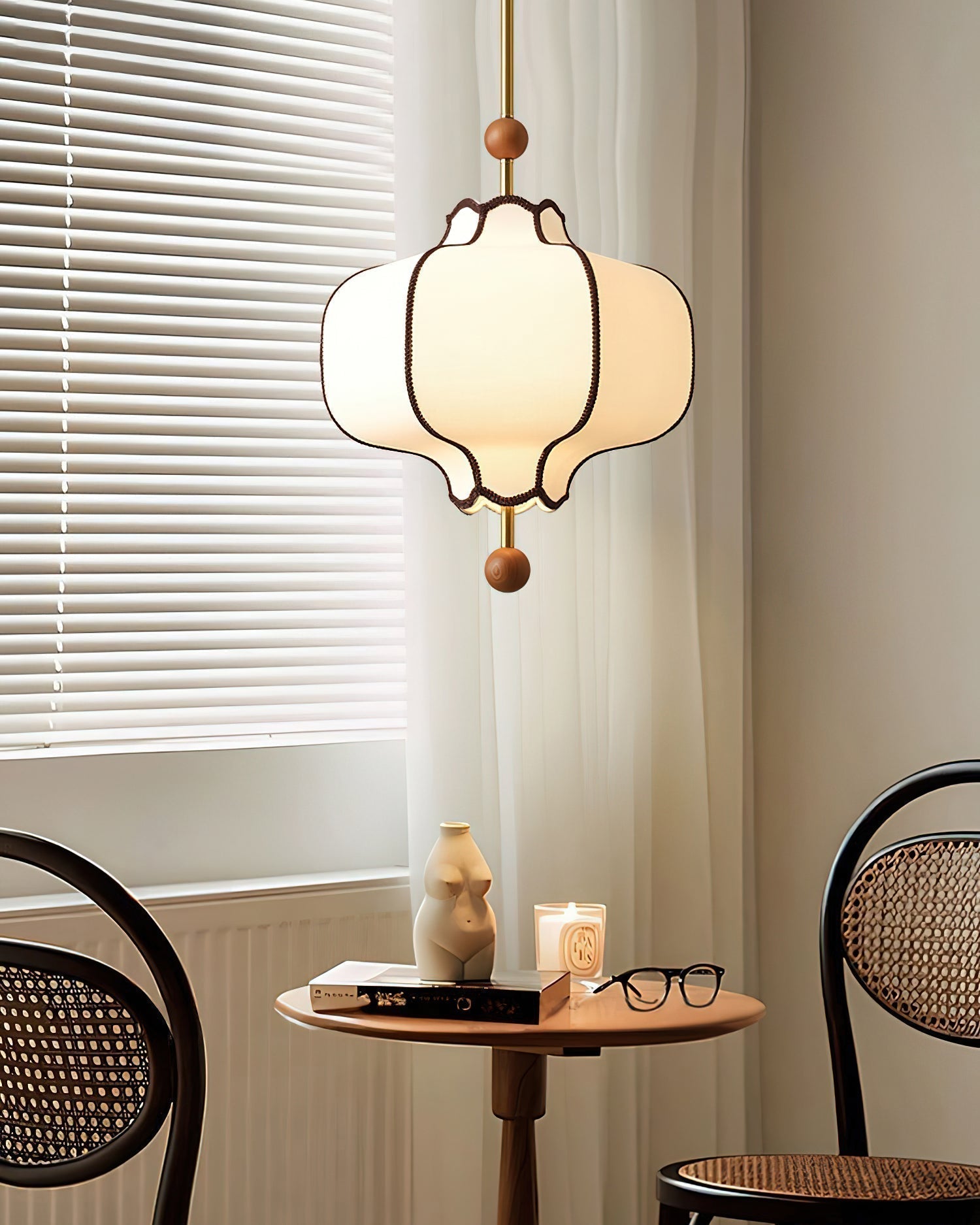 Modern Fabric Lantern Houselight Pendant Lamp with Walnut Wood Trim and White Shade