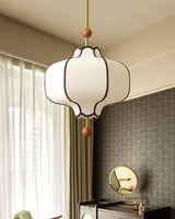 Modern Fabric Lantern Houselight Pendant Lamp with Walnut Wood Trim and White Shade