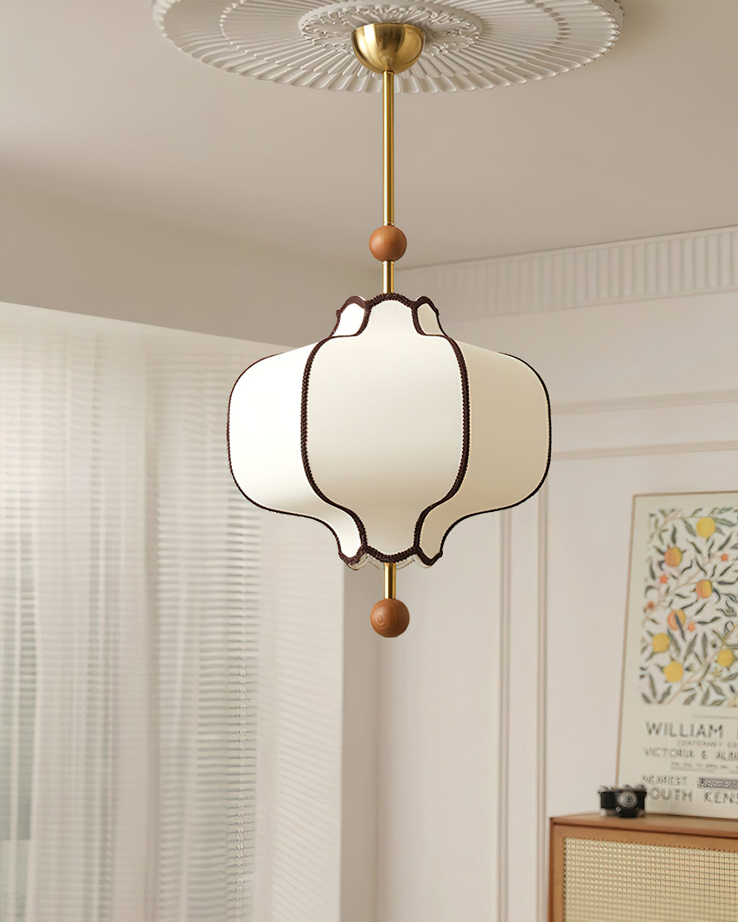 Modern Fabric Lantern Houselight Pendant Lamp with Walnut Wood Trim and White Shade