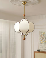 Modern Fabric Lantern Houselight Pendant Lamp with Walnut Wood Trim and White Shade