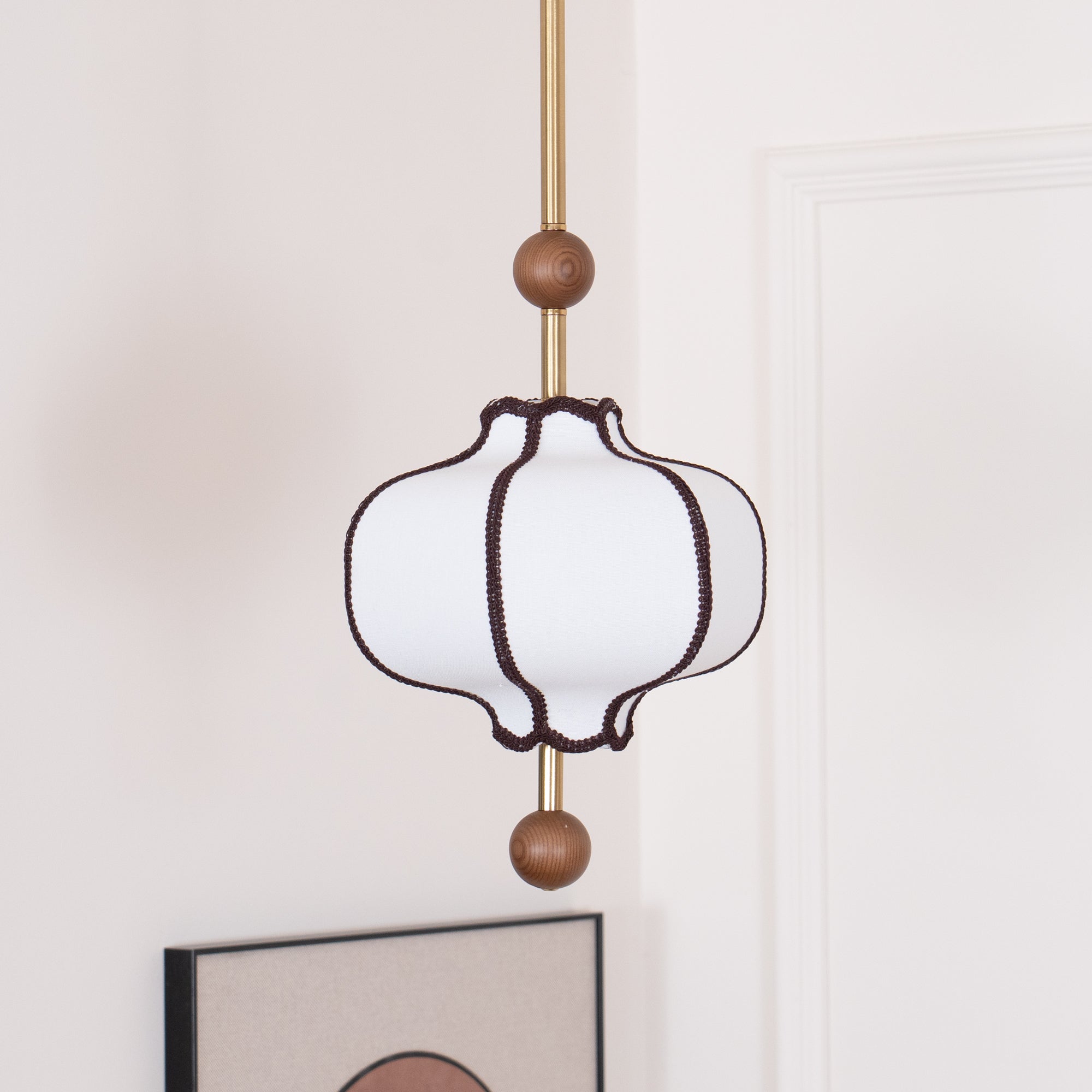 Modern Fabric Lantern Houselight Pendant Lamp with Walnut Wood Trim and White Shade