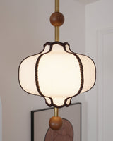 Modern Fabric Lantern Houselight Pendant Lamp with Walnut Wood Trim and White Shade