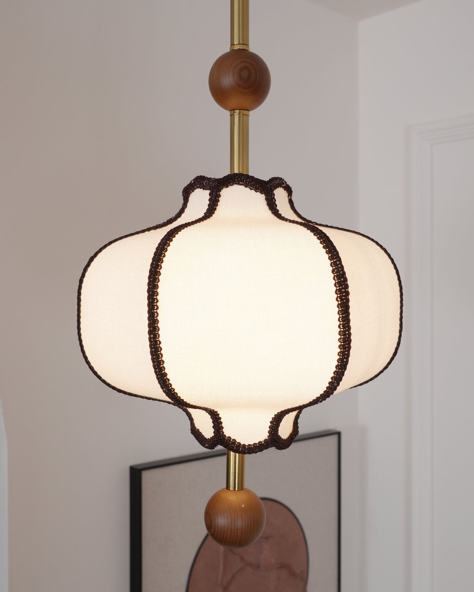 Modern Fabric Lantern Houselight Pendant Lamp with Walnut Wood Trim and White Shade