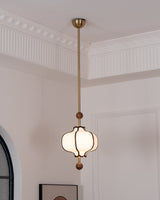 Modern Fabric Lantern Houselight Pendant Lamp with Walnut Wood Trim and White Shade