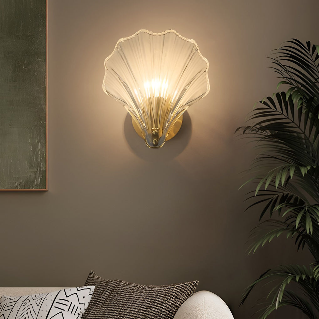 Modern Fan Shaped Ribbed Glass Wall Sconce Brass LED Bedside Lamp with 3 Step Dimming