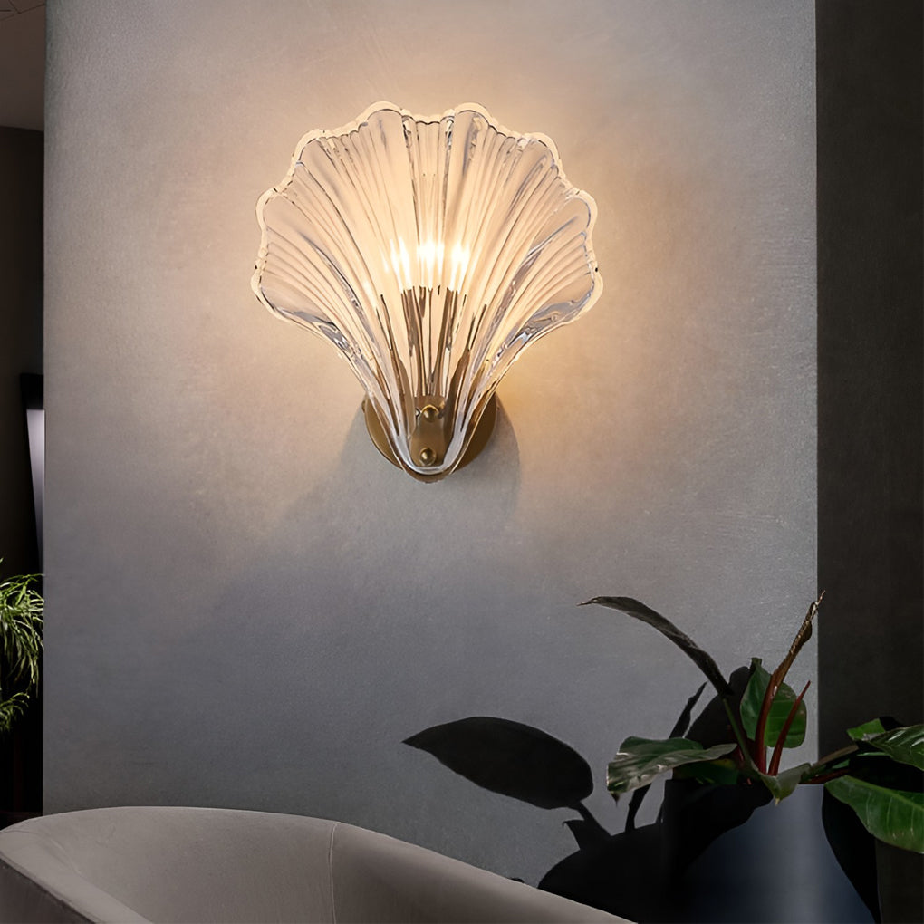 Modern Fan Shaped Ribbed Glass Wall Sconce Brass LED Bedside Lamp with 3 Step Dimming