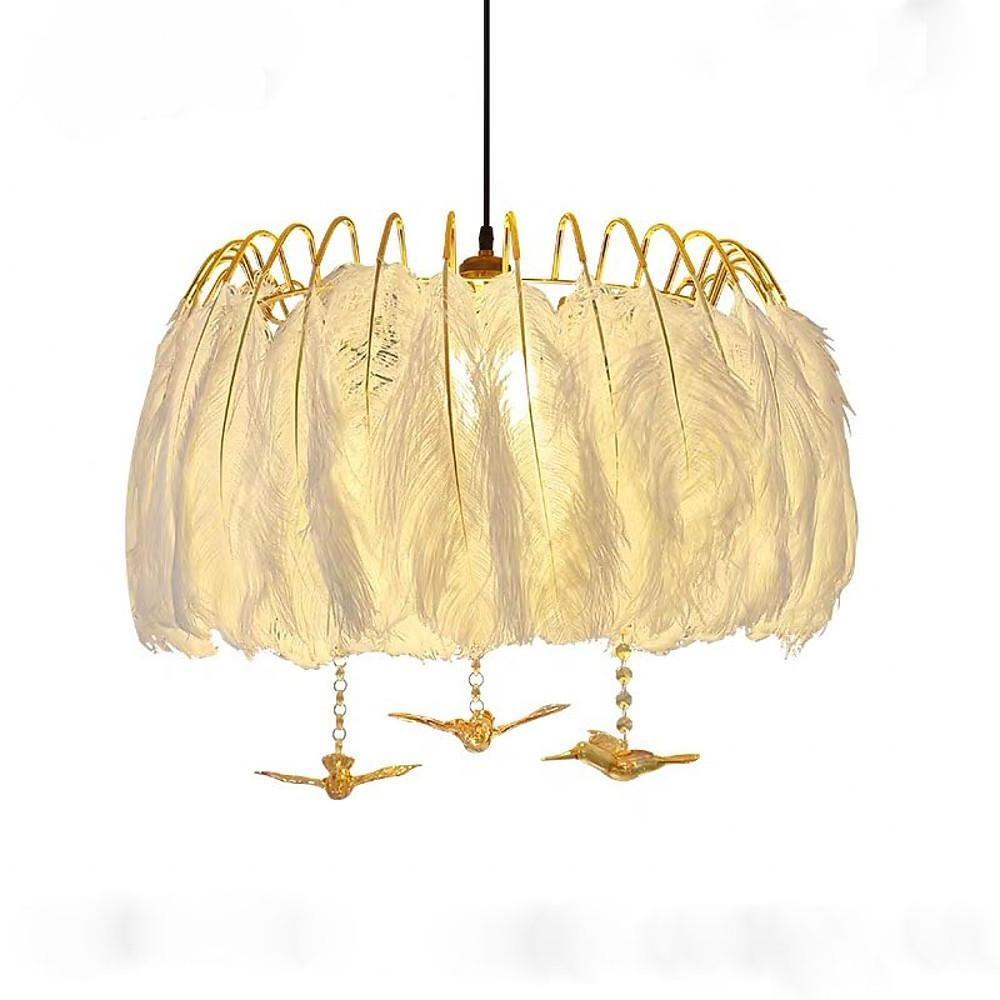 Modern Feather Drum Pendant Light Contemporary White Chandelier for Bedroom and Living Room