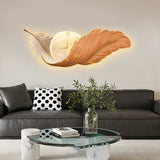 Modern Feather Painting Wall Clock LED Lamp Decorative Hanging Art for Living Room