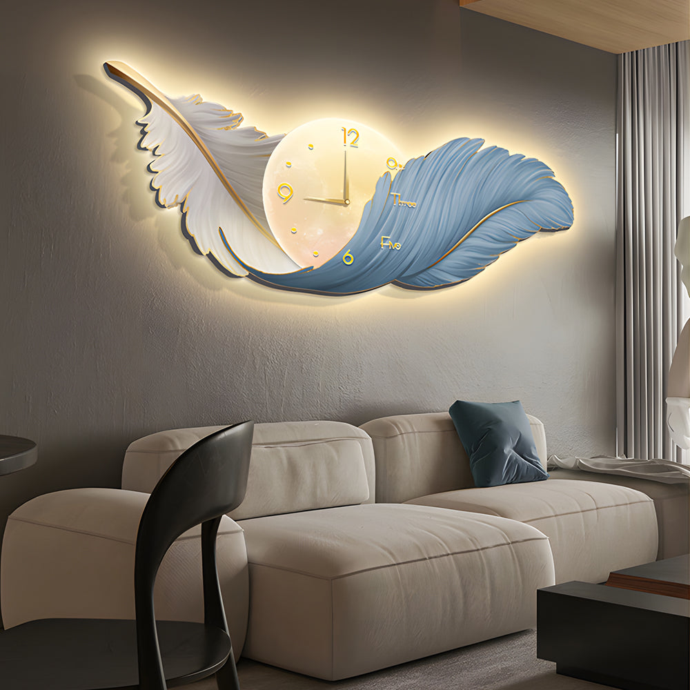 Modern Feather Painting Wall Clock LED Lamp Decorative Hanging Art for Living Room