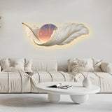 Modern Feather Painting Wall Clock LED Lamp Decorative Hanging Art for Living Room