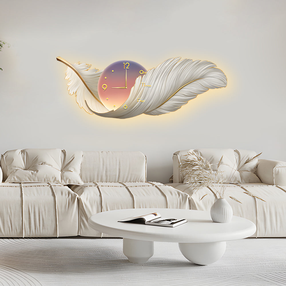 Modern Feather Painting Wall Clock LED Lamp Decorative Hanging Art for Living Room