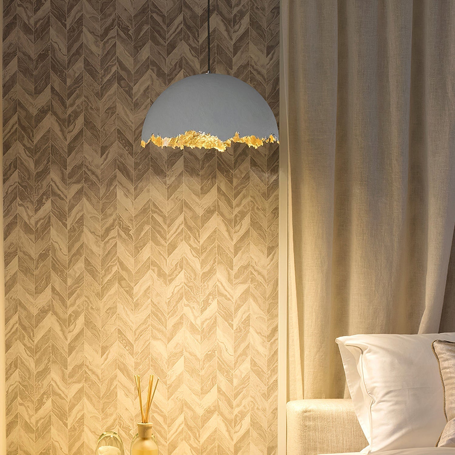 Modern Fiberglass Dome Pendant Light with Jagged Edges and Gold Interior Finish