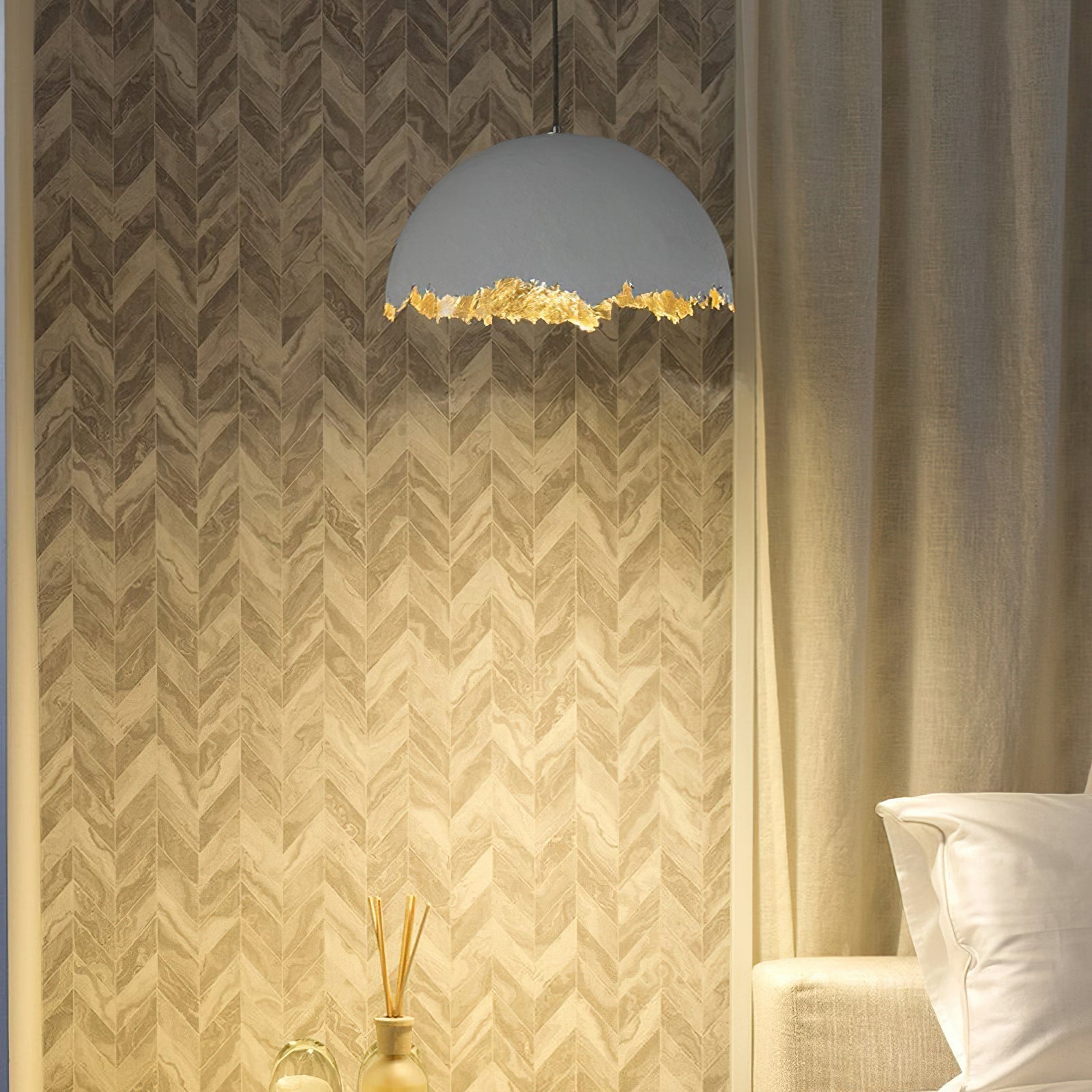 Modern Fiberglass Dome Pendant Light with Jagged Edges and Gold Interior Finish