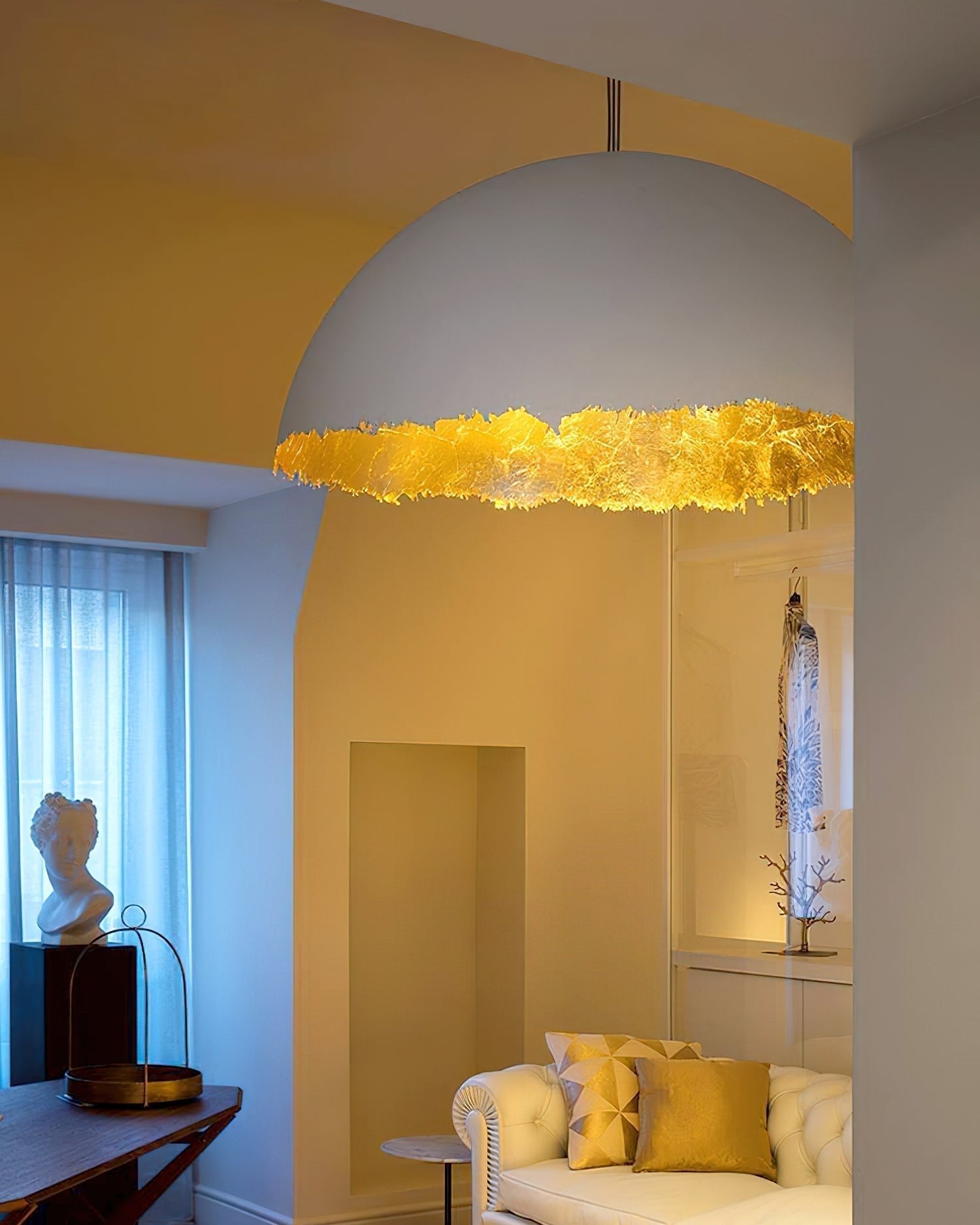 Modern Fiberglass Dome Pendant Light with Jagged Edges and Gold Interior Finish