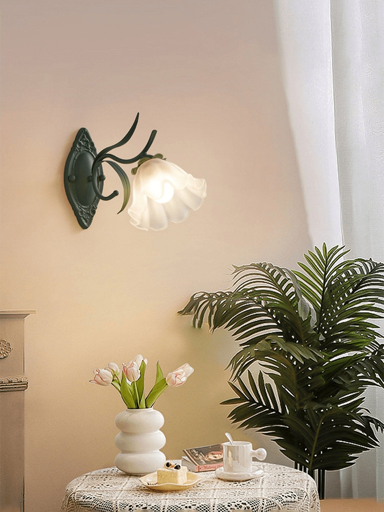 Modern Floral Blossom Glass Wall Sconce Set of Two Green Metal Petal Wall Lamp for Indoor Living