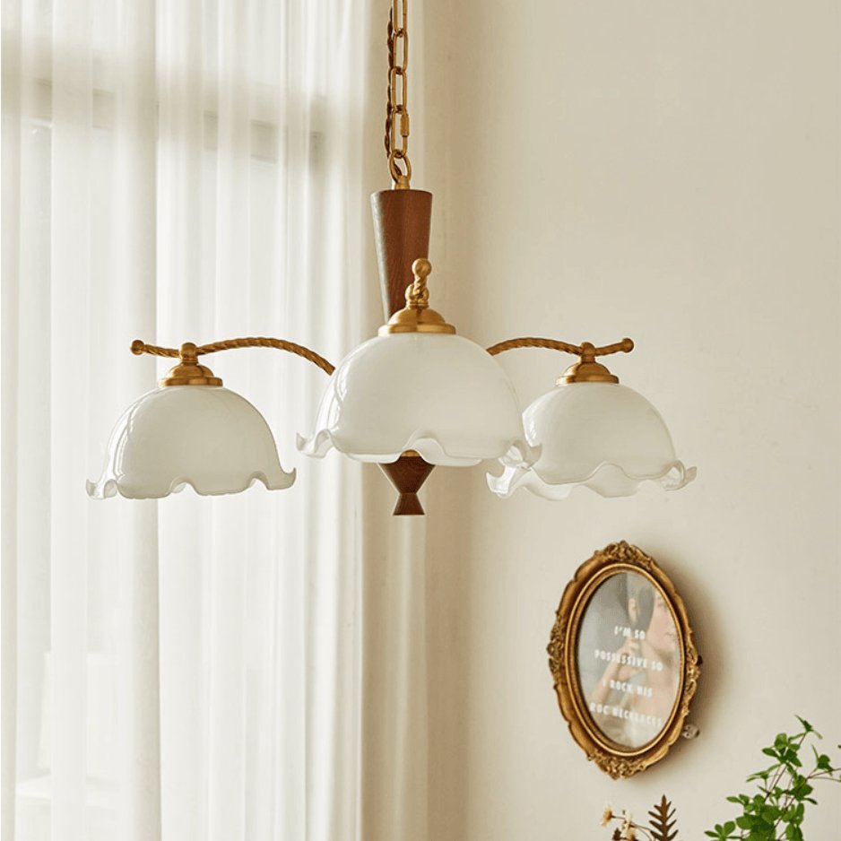 Modern Floral Glass Chandelier with Brass and Walnut Wood Finish