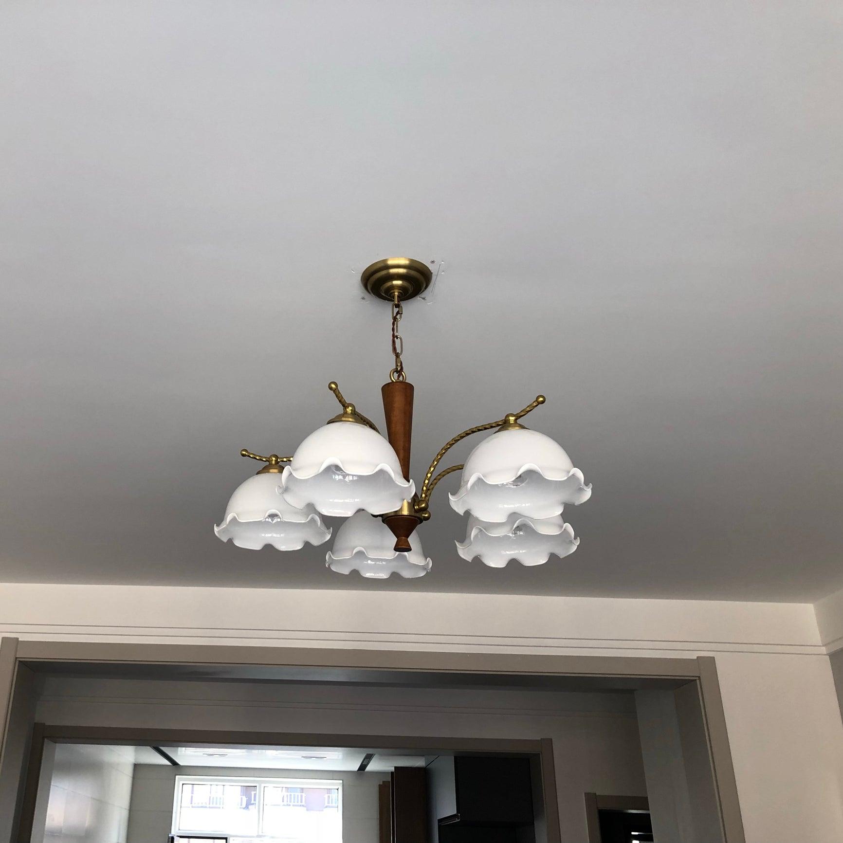 Modern Floral Glass Chandelier with Brass and Walnut Wood Finish