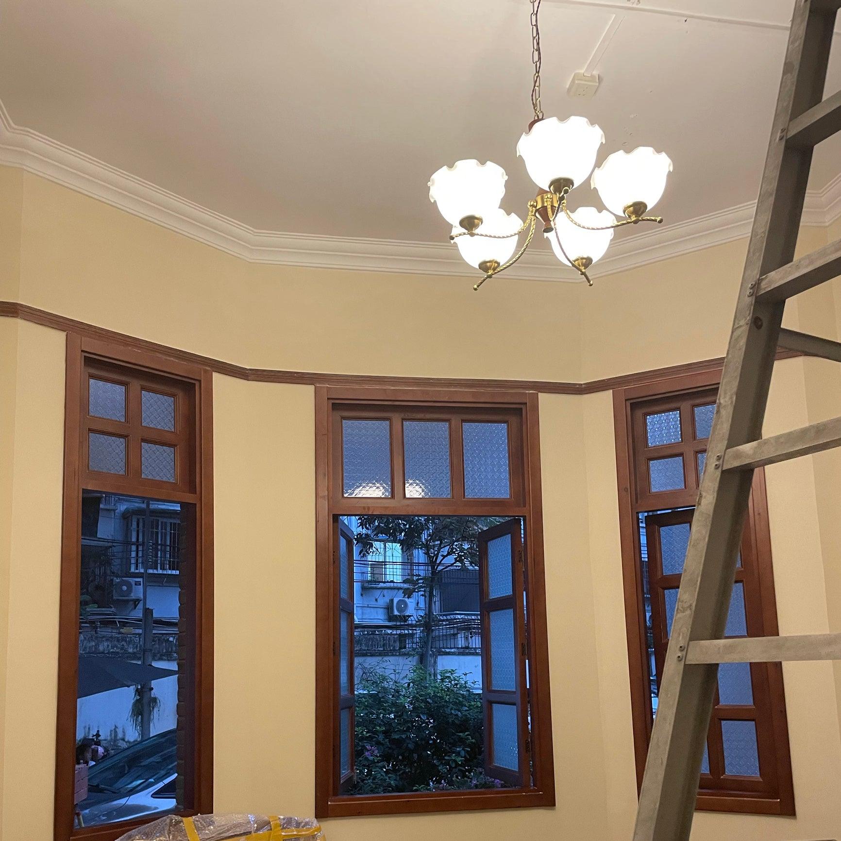Modern Floral Glass Chandelier with Brass and Walnut Wood Finish
