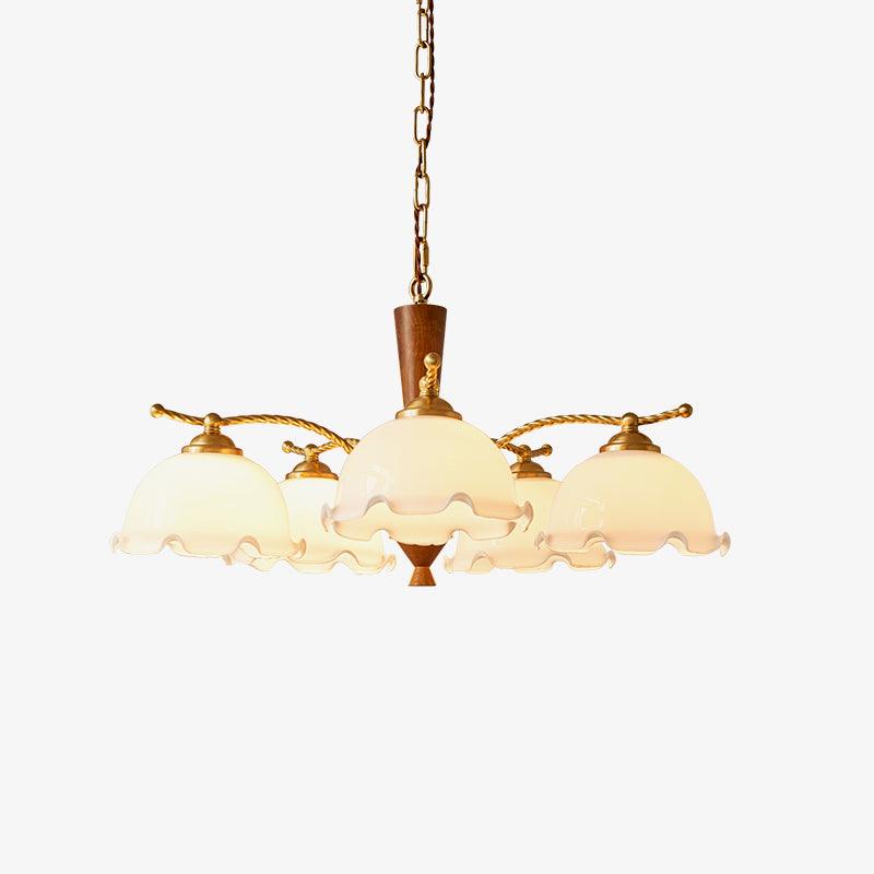 Modern Floral Glass Chandelier with Brass and Walnut Wood Finish