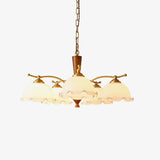 Modern Floral Glass Chandelier with Brass and Walnut Wood Finish