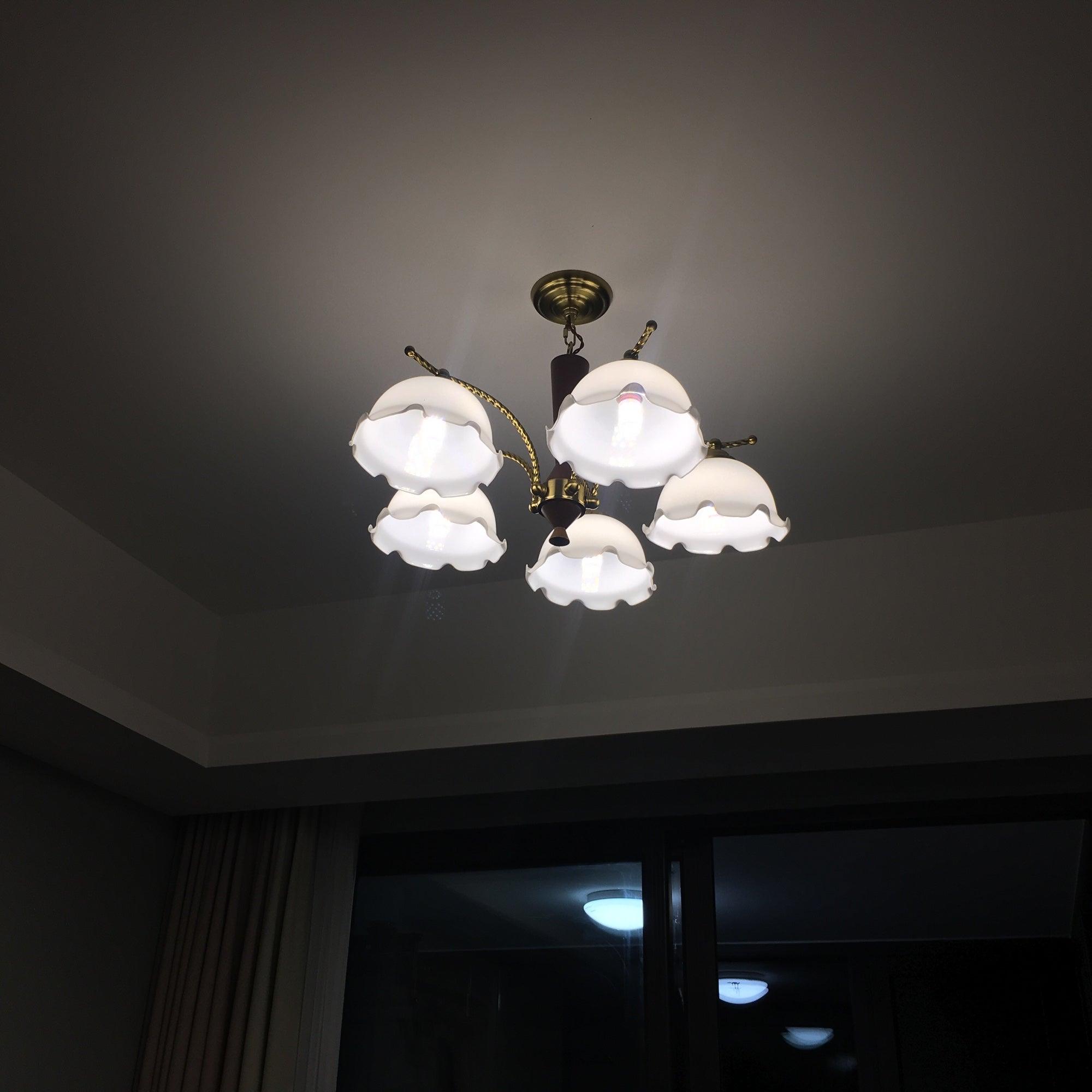 Modern Floral Glass Chandelier with Brass and Walnut Wood Finish