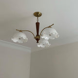 Modern Floral Glass Chandelier with Brass and Walnut Wood Finish