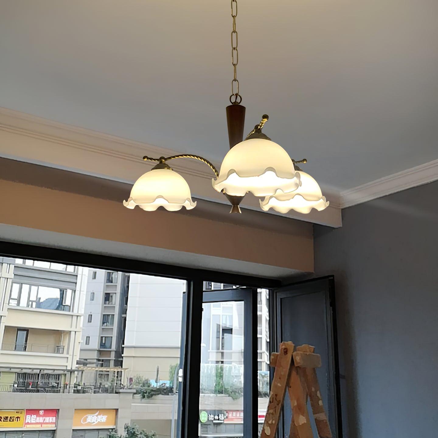 Modern Floral Glass Chandelier with Brass and Walnut Wood Finish