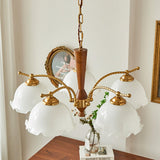 Modern Floral Glass Chandelier with Brass and Walnut Wood Finish