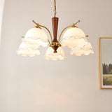 Modern Floral Glass Chandelier with Brass and Walnut Wood Finish