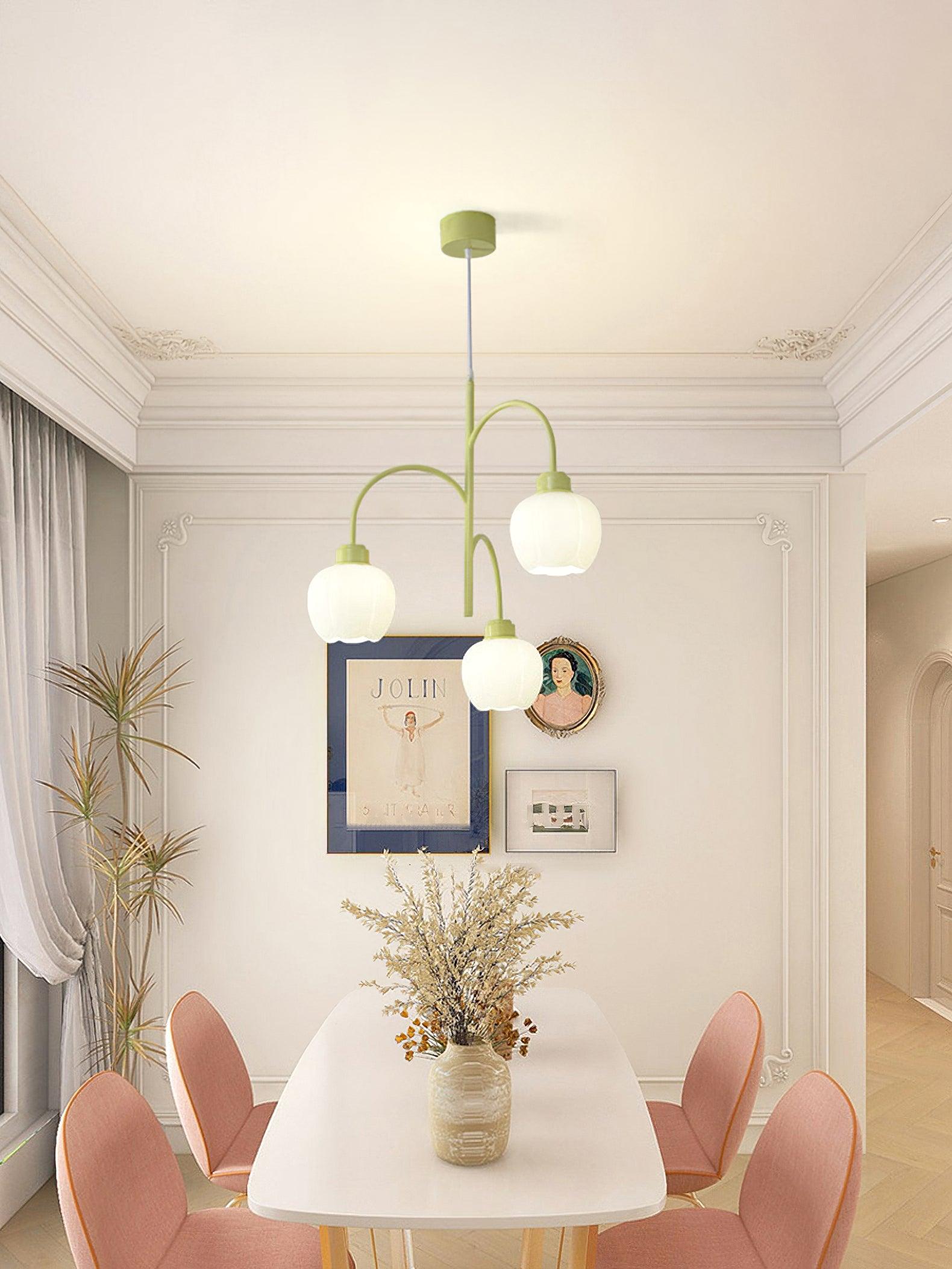 Modern Floral Glass Chandelier with White Petal Shades and Green Metal Finish