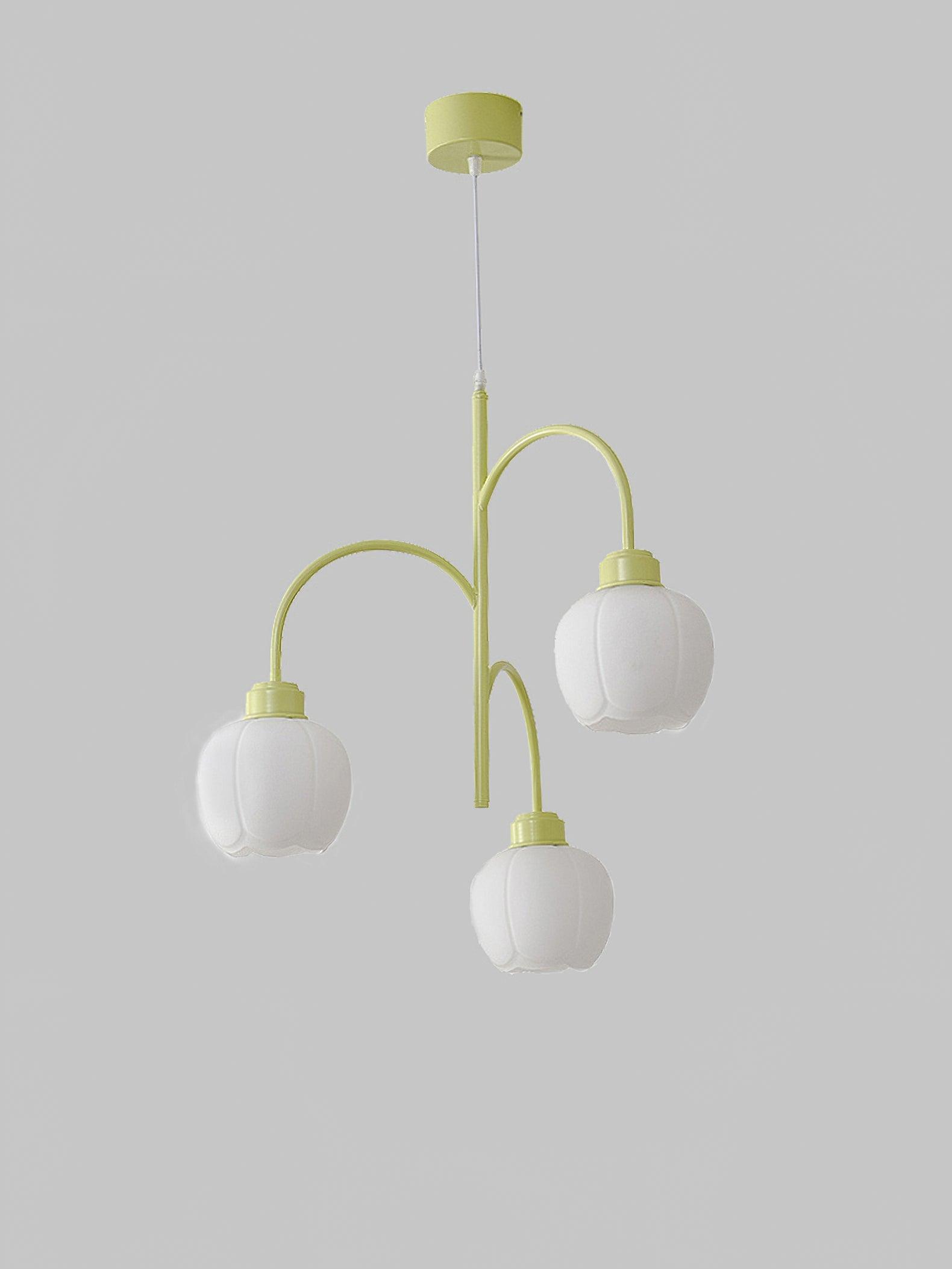 Modern Floral Glass Chandelier with White Petal Shades and Green Metal Finish