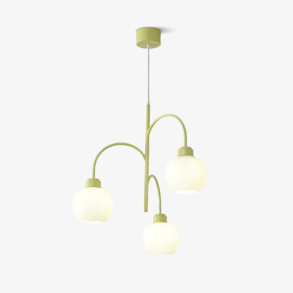 Modern Floral Glass Chandelier with White Petal Shades and Green Metal Finish