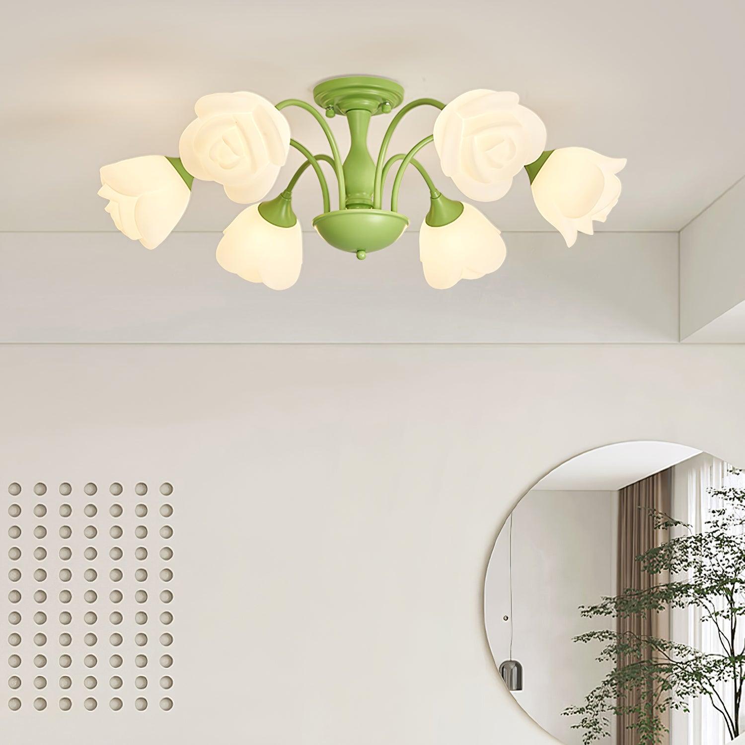 modern-floral-rose-petal-flush-mount-ceiling-light-with-white-flower-shades-and-green-finish