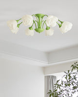 modern-floral-rose-petal-flush-mount-ceiling-light-with-white-flower-shades-and-green-finish