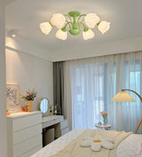 modern-floral-rose-petal-flush-mount-ceiling-light-with-white-flower-shades-and-green-finish
