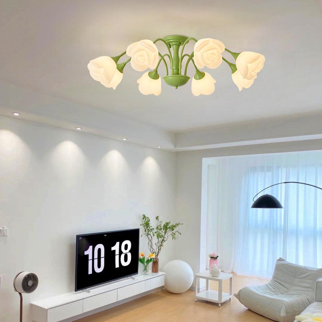 modern-floral-rose-petal-flush-mount-ceiling-light-with-white-flower-shades-and-green-finish