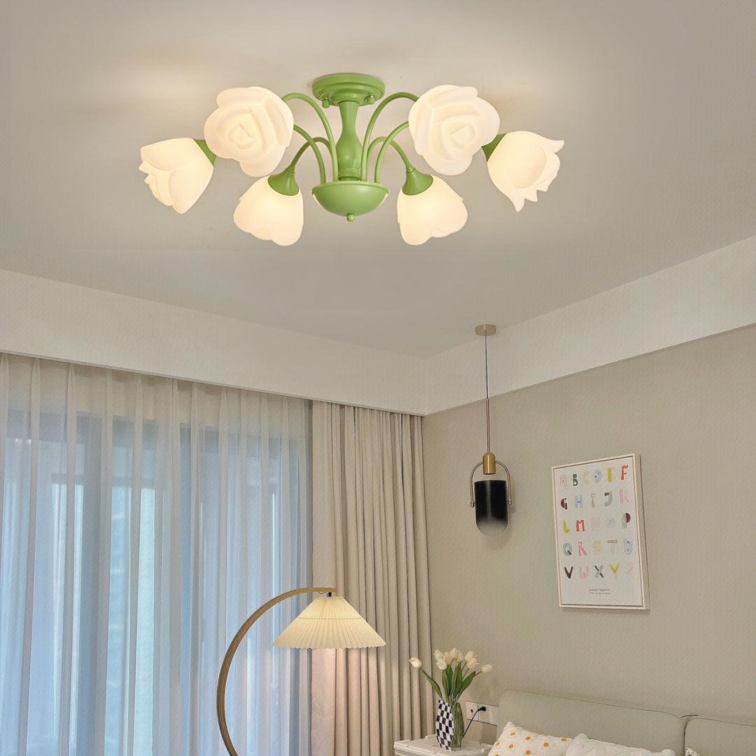 modern-floral-rose-petal-flush-mount-ceiling-light-with-white-flower-shades-and-green-finish