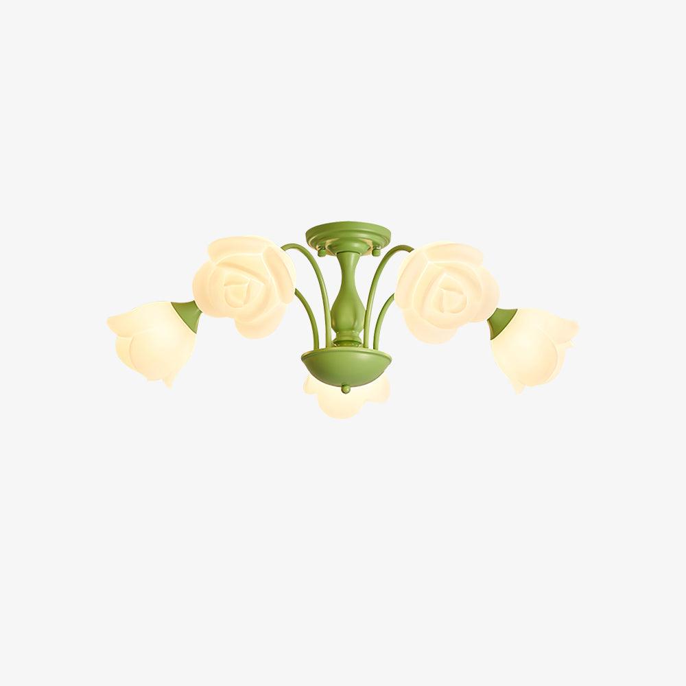 modern-floral-rose-petal-flush-mount-ceiling-light-with-white-flower-shades-and-green-finish