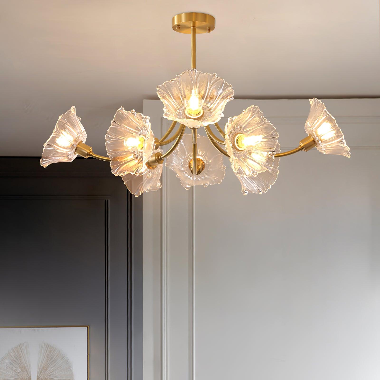 Modern Flower Glass Brass Chandelier Elegant Floral Ceiling Light Fixture for Living Room