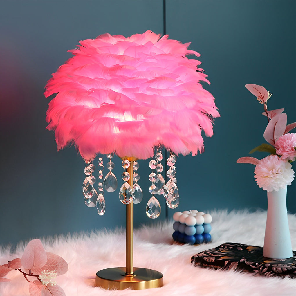Modern Fluffy Feather Table Lamp with Crystal Tassels and Brass Base LED Bedside Lighting