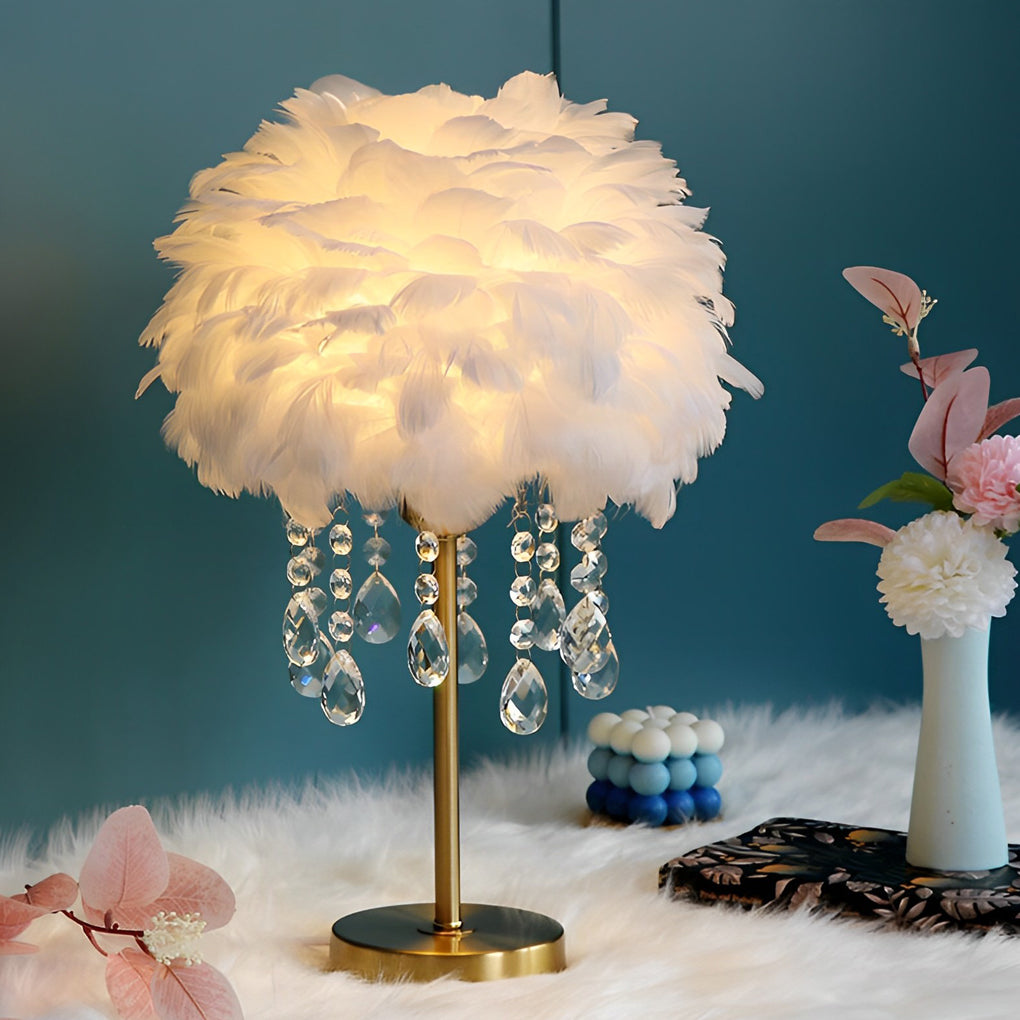 Modern Fluffy Feather Table Lamp with Crystal Tassels and Brass Base LED Bedside Lighting